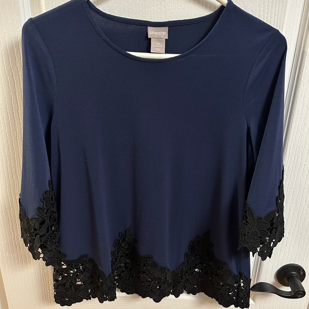 Chico's Navy Blouse with Black Lace Trim